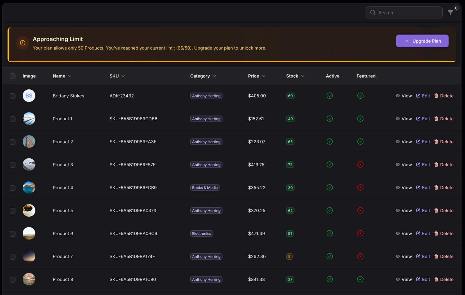 TenantSaaS Products table showing product images, names, SKUs, categories, prices, stock, active state, featured state, and product actions.
